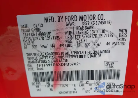 2013 Ford F-150 Svt Raptor из США, поврежденный, VIN 1FTFW1R6XDFB37021